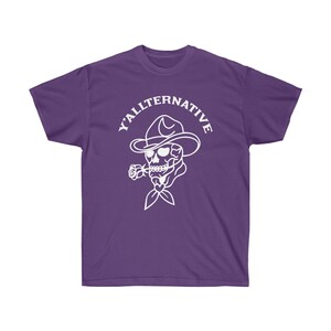 Y'allternative Unisex Baumwolle T Shirt Emo Texas Goth Lustiges Geschenk Cowboy Schädel Western T Shirt Land Yallternative Tattoo Cowgirl Grafik Purple