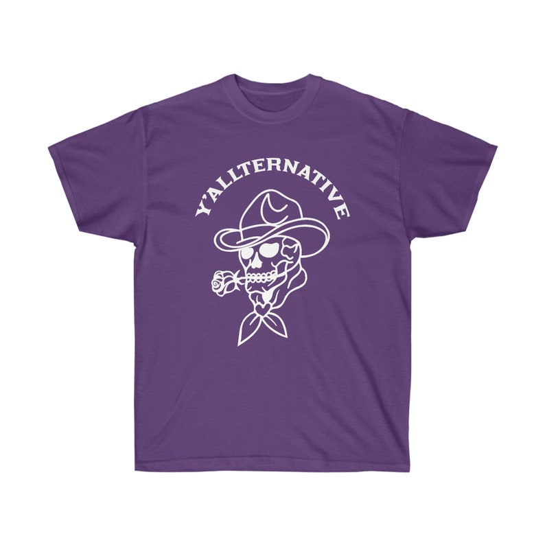 Y'allternative Unisex Baumwolle T Shirt Emo Texas Goth Lustiges Geschenk Cowboy Schädel Western T Shirt Land Yallternative Tattoo Cowgirl Grafik Purple