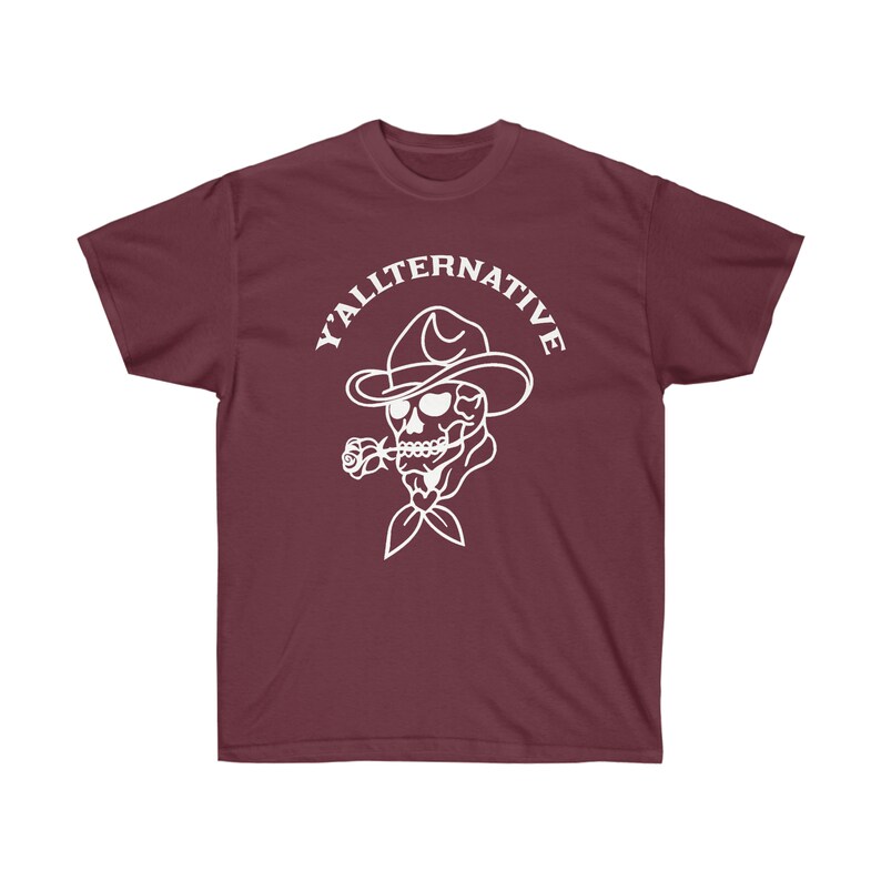 Y'allternative Unisex Baumwolle T Shirt Emo Texas Goth Lustiges Geschenk Cowboy Schädel Western T Shirt Land Yallternative Tattoo Cowgirl Grafik Maroon