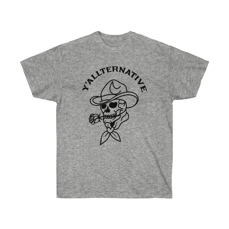 Y'allternative Unisex Baumwolle T Shirt Emo Texas Goth Lustiges Geschenk Cowboy Schädel Western T Shirt Land Yallternative Tattoo Cowgirl Grafik Sport Grey
