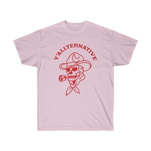Y'allternative Unisex Baumwolle T Shirt Emo Texas Goth Lustiges Geschenk Cowboy Schädel Western T Shirt Land Yallternative Tattoo Cowgirl Grafik Light Pink