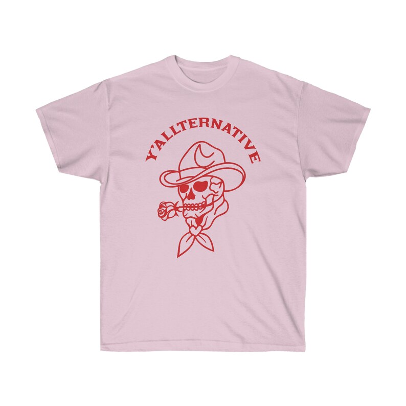 Y'allternative Unisex Baumwolle T Shirt Emo Texas Goth Lustiges Geschenk Cowboy Schädel Western T Shirt Land Yallternative Tattoo Cowgirl Grafik Light Pink