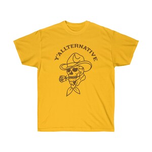 Y'allternative Unisex Baumwolle T Shirt Emo Texas Goth Lustiges Geschenk Cowboy Schädel Western T Shirt Land Yallternative Tattoo Cowgirl Grafik Gold