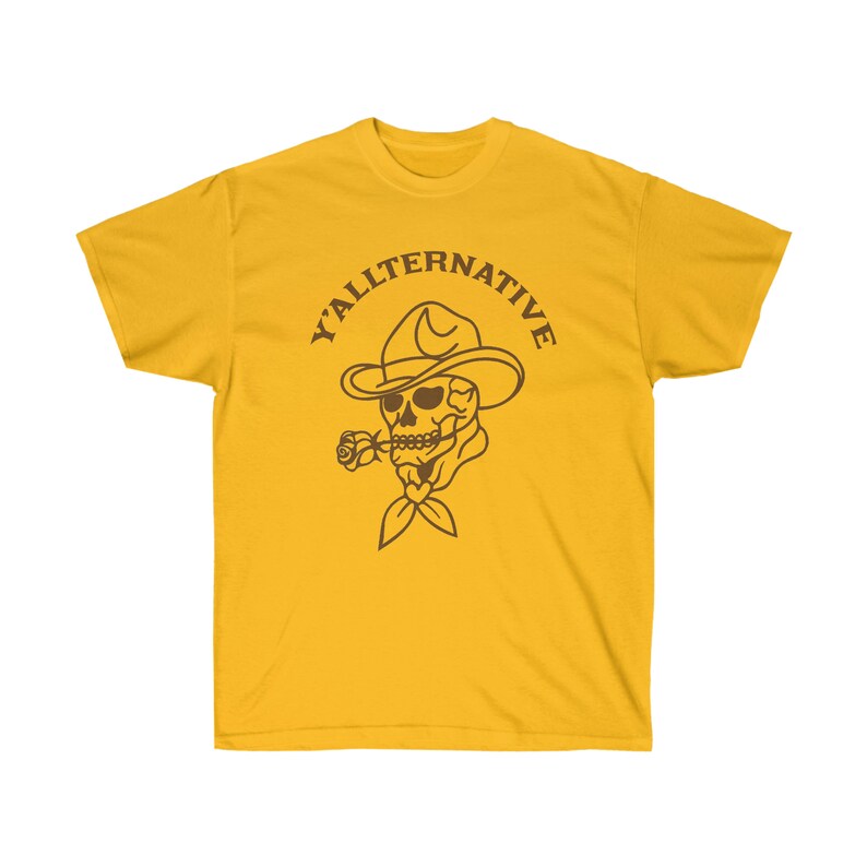 Y'allternative Unisex Baumwolle T Shirt Emo Texas Goth Lustiges Geschenk Cowboy Schädel Western T Shirt Land Yallternative Tattoo Cowgirl Grafik Gold