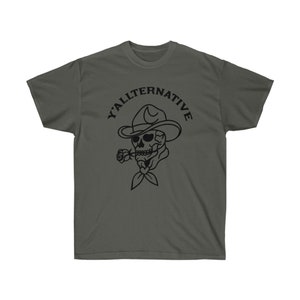 Y'allternative Unisex Baumwolle T Shirt Emo Texas Goth Lustiges Geschenk Cowboy Schädel Western T Shirt Land Yallternative Tattoo Cowgirl Grafik Charcoal