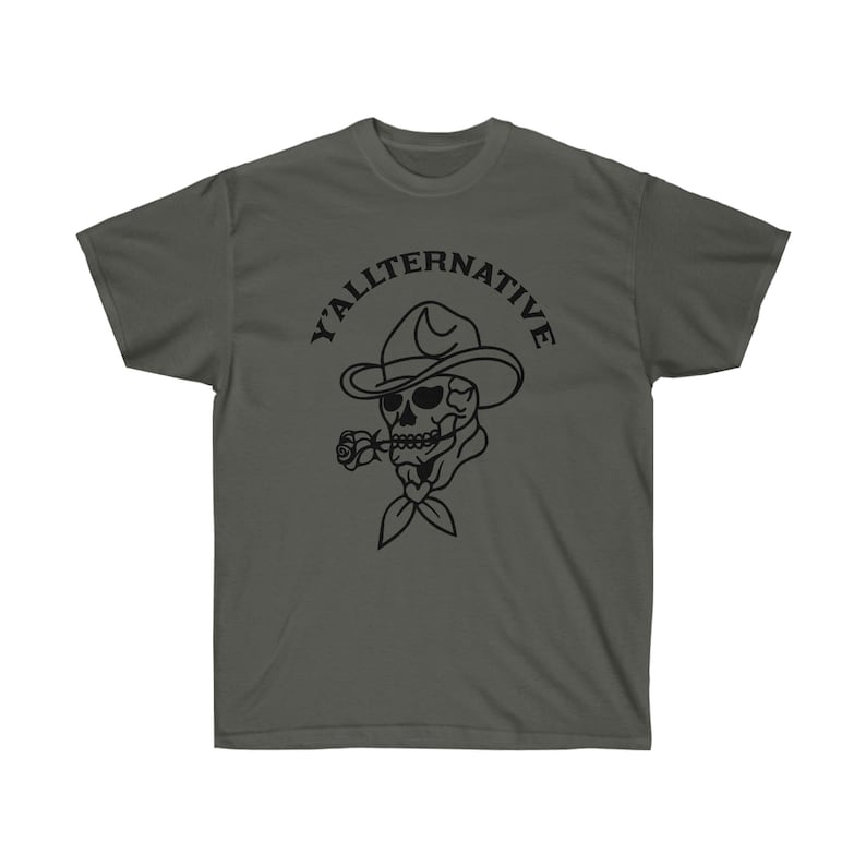Y'allternative Unisex Baumwolle T Shirt Emo Texas Goth Lustiges Geschenk Cowboy Schädel Western T Shirt Land Yallternative Tattoo Cowgirl Grafik Charcoal