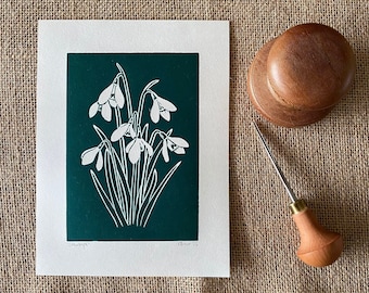 Snowdrop Print in Green, Snowdrops, Original Lino Print, Botanical Home, Floral Wall Art, Original Linocut