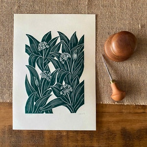 Wild Garlic Lino Print, Wild Garlic Print, Linocut, Original Lino Print, Botanical Wall Art, Gifts for Foragers, Nature Lover Gift