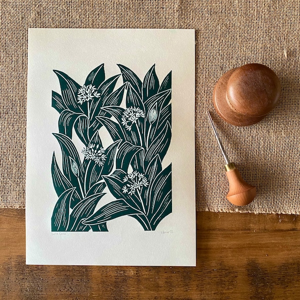 Wild Garlic Lino Print, Wild Garlic Print, Linocut, Original Lino Print, Botanical Wall Art, Gifts for Foragers, Nature Lover Gift