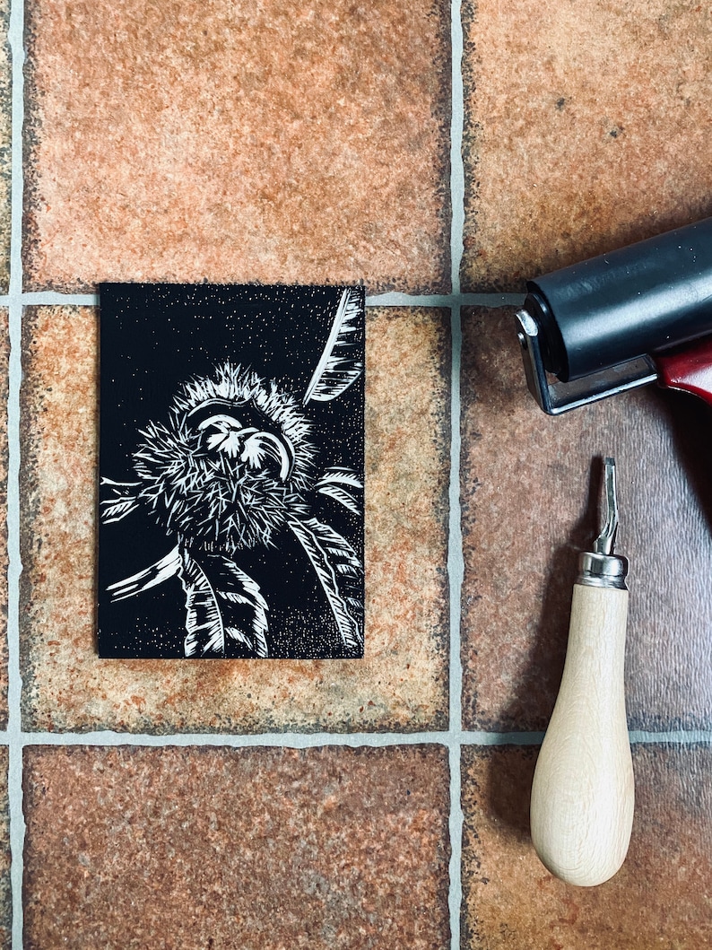 Sweet Chestnuts Original Lino Print 7x5