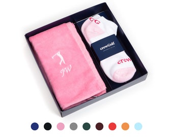 Personalised Womens Golf Gift Box Set with Embroidered Towel and Luxury Ankle Sports Socks for Mum, Grandma, Friend, Birthday
