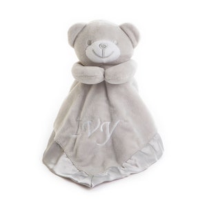 Personalised Baby Bear Comforter Embroidered with Any Name or Initials, New Baby Gift, Snuggle Teddy for Baby Boys and Girls Grey