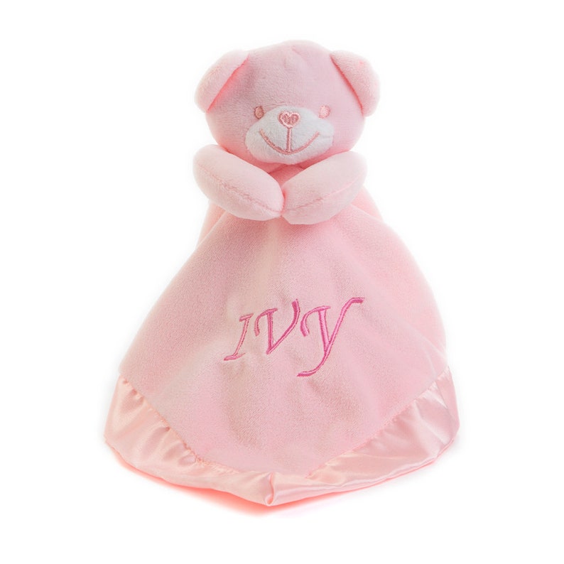 Personalised Baby Bear Comforter Embroidered with Any Name or Initials, New Baby Gift, Snuggle Teddy for Baby Boys and Girls Pink