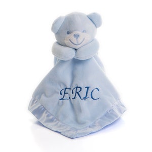 Personalised Baby Bear Comforter Embroidered with Any Name or Initials, New Baby Gift, Snuggle Teddy for Baby Boys and Girls Blue