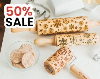 Snowflake Set of 3 or 5 Wooden Engraved Rolling Pins, Winter Pattern Cookie Stamp, Unique Mom Gift, Wooden rolling pin, Easter Gift