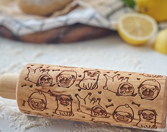 Wooden Rolling Pin with Pug, Easter Mom Gift, Unique Gifts for Pug Lover, Embossed Cookie Stamp, Patterned Rolling Pin Pug, Dad Unique gift