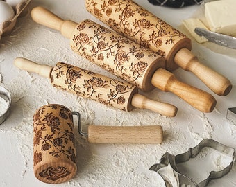 Rolling pins and custom cookie stamp set, Easter Gift, Cookie baking set, Wooden rolling Pins, Baking gift for mom, Engraved rolling pin