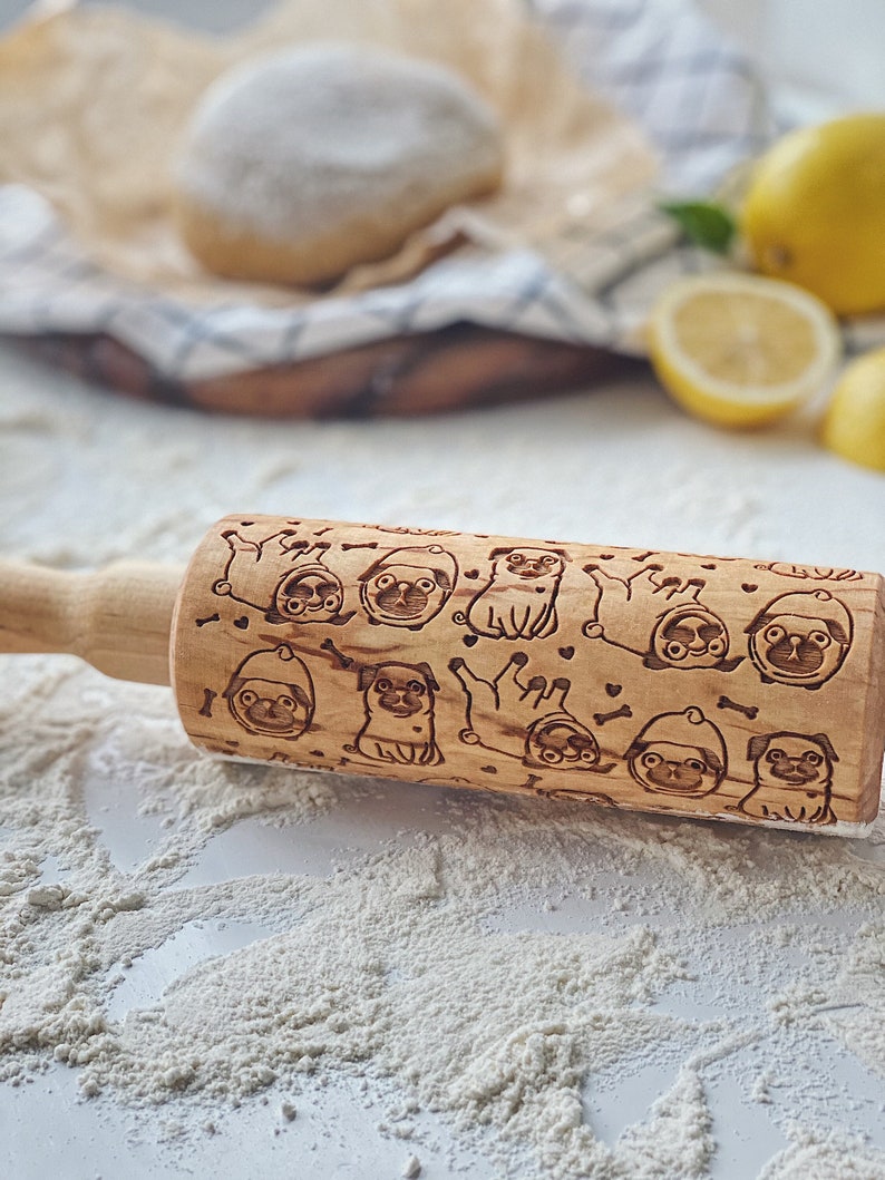 Wooden Rolling Pin with Pug, Easter Mom Gift, Unique Gifts for Pug Lover, Embossed Cookie Stamp, Patterned Rolling Pin Pug, Dad Unique gift image 1