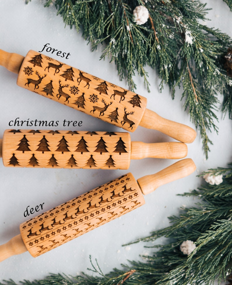 Christmas Tree Wooden Engraved Rolling Pins Winter Holiday image 1