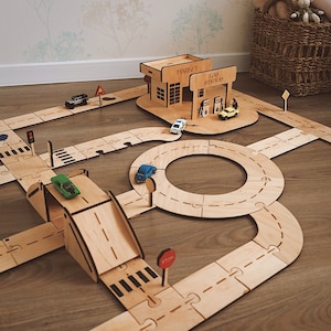 Wooden Auto Track Road Play Set, Personalized Wooden Toy Garage, Montessori Educational Toys, Halloween Gift for Baby, Road Track Puzzle