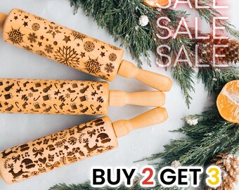 Engraved Rolling Pin For Cookie, Christmas gift, Black Friday Sale, Christmas Set Of Rolling Pins On Sale, Winter Pattern, Holiday Ornament