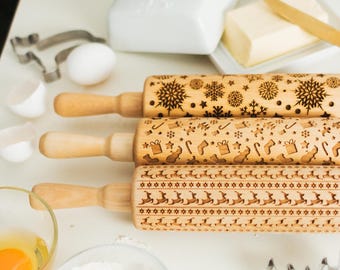 Rolling Pins and Custom Christmas Cookie Stamp, Thanksgiving Cookie Baking, Wooden rolling Pins, Baking gift for mom, Engraved rolling pin