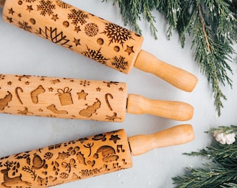 Embossed Cookie Stamp, Clay Fall Rolling Pin, Thanksgiving Gift For Mom, Wooden Rolling Pin with Pattern For Cookie, Christmas Kitchen Gift