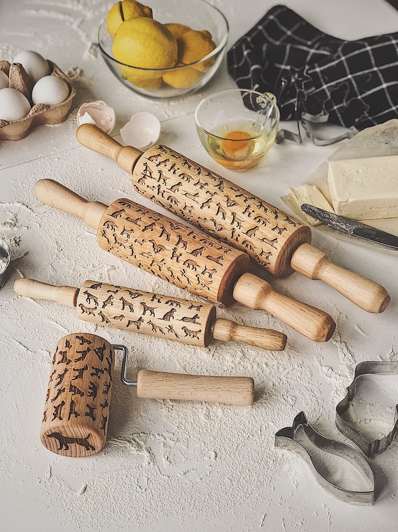 Wooden Rolling Pin with Pug, Easter Mom Gift, Unique Gifts for Pug Lover, Embossed Cookie Stamp, Patterned Rolling Pin Pug, Dad Unique gift image 4