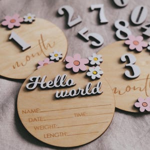 Jalons mensuels pour bébé, plaques nominatives en bois pour nouveau-né, cadeau de baby shower, cadeau de nouvelle maman, disques 12 mois, nom de nouveau-né, marqueurs d'étape importante