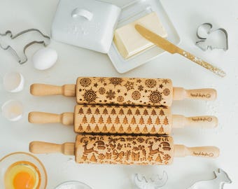 French Rolling Pin Gift For Thanksgiving, Wooden Enraved Cookie Rolling Pin With Pattern, Fall Kitchen Gift For Mom, Embossed Cookie Stamp