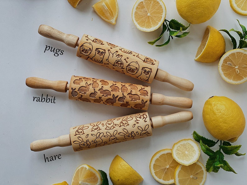 Wooden Rolling Pin with Pug, Easter Mom Gift, Unique Gifts for Pug Lover, Embossed Cookie Stamp, Patterned Rolling Pin Pug, Dad Unique gift image 5