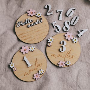 Cartes de visite en bois pour nouveau-né, disques 12 mois, nom de nouveau-né, jalons mensuels pour bébé, cadeau baby shower, cadeau nouvelle maman, marqueurs d'étape importante