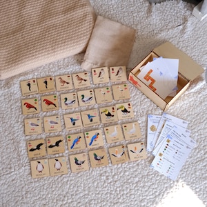 Può includere: Un gioco di memoria in legno a tema uccelli. Il set include 30 tessere di legno, ognuna con l'illustrazione di un uccello diverso, come un picchio, un tucano e un pinguino. Sono inclusi anche una scatola di legno, un sacchetto e delle schede di istruzioni.