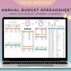 May include: A laptop displays a digital annual budget spreadsheet with the text "ANNUAL BUDGET SPREADSHEET" and "JANUARY". The spreadsheet includes charts, tables, and the text "INSTANT DOWNLOAD". The screen shows the dollar, pound, and euro currency symbols.
