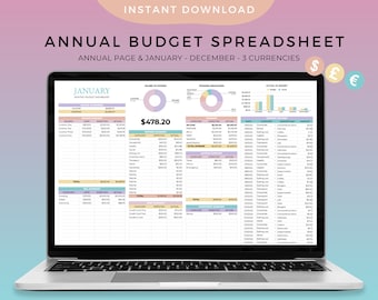 Annual Budget Spreadsheet. Google Sheets Budget Template. Monthly Budget Planner. Finance Planner. Expense Tracker. Easy Budgeting.