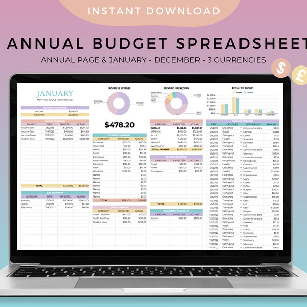 Jahreshaushaltstabelle. Google Sheets Budget Vorlage. Monatlicher Haushaltsplaner. Finanzplaner. Spesenerfassung. Einfache Budgetierung.