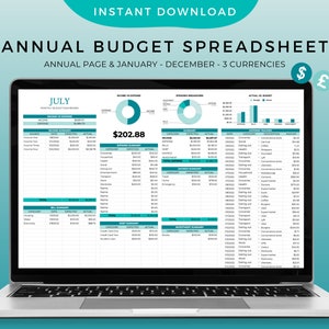 May include: A laptop computer screen displaying a spreadsheet for budgeting. The spreadsheet is titled "Annual Budget Spreadsheet" and includes a monthly budget for July. The spreadsheet includes sections for income, expenses, and savings. The spreadsheet is designed to help users track their finances and make informed financial decisions.