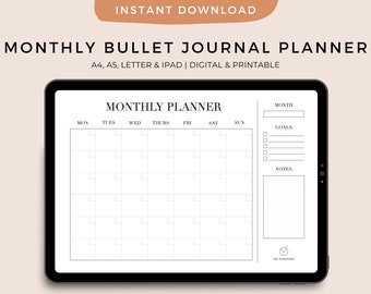 May include: A black and white printable monthly planner with a calendar grid, a section for goals, and a section for notes. The text "MONTHLY PLANNER" is at the top of the page.