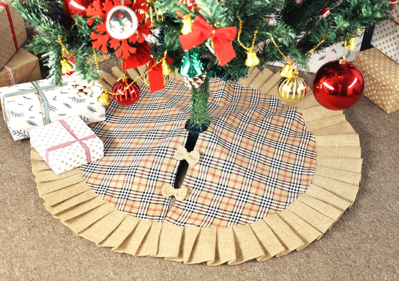Classic Plaid /& Rustic Burlap Tree Skirt Holiday New Year Decoration Beige Check Buffalo Plaid Tree Skirt Burlap Ruffle Xmas Tree Skirt