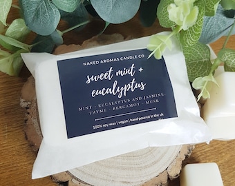 sweet mint and eucalyptus wax melts, 100% soy wax, vegan friendly, cruelty free