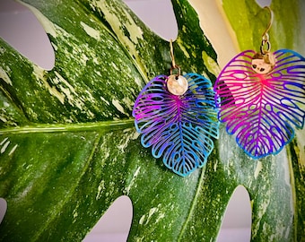 Monstera Leaf with 18k Gold Pendent Earrings |Iridescent Earrings | Holographic