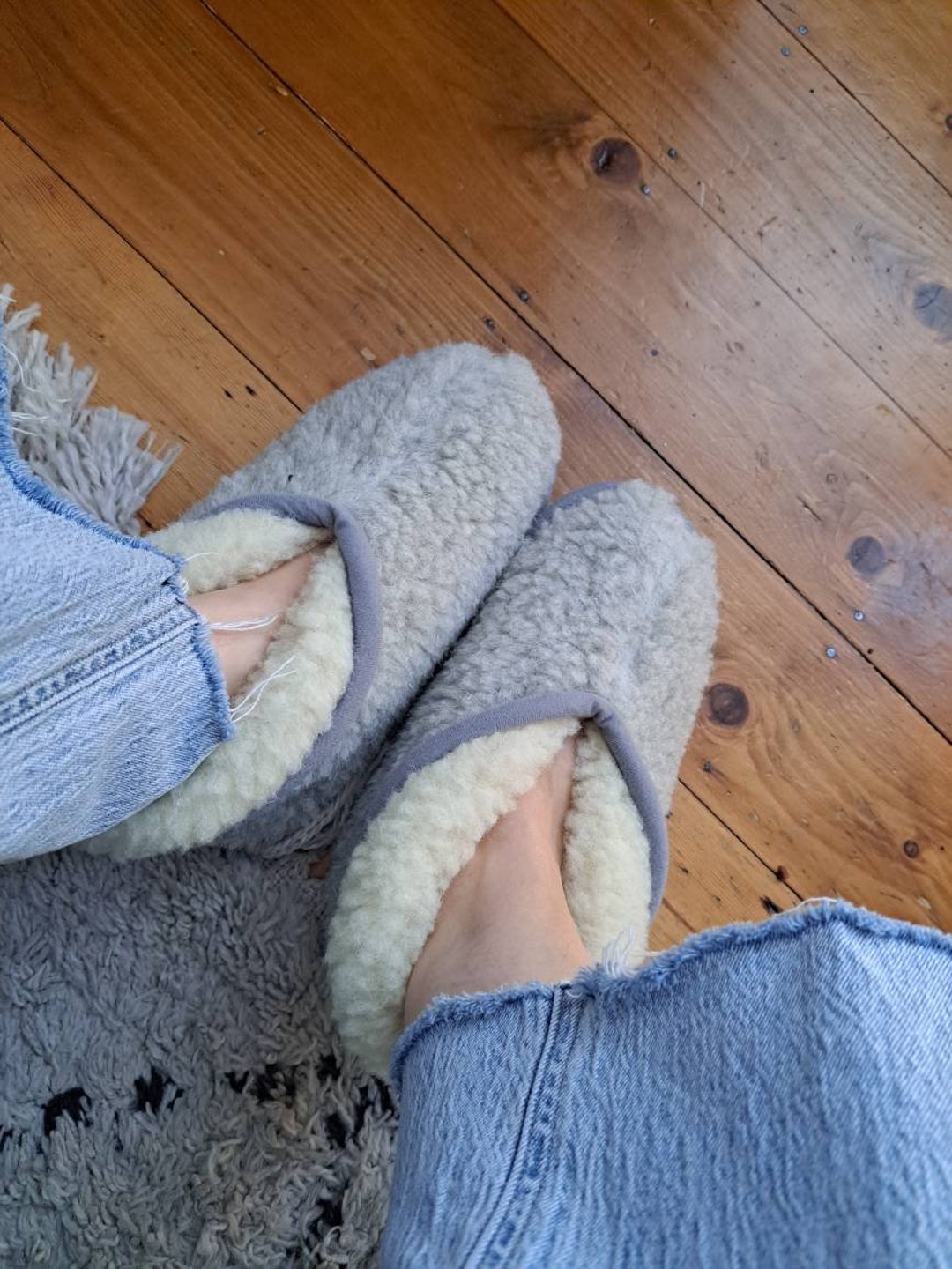 Pure Merino Wool 'roll Down' Slipper Booties Light Grey Etsy UK