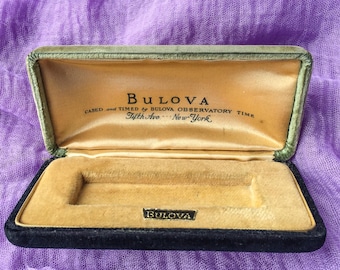 1930s Bulova Velvet Watch Box: Gold Silk Interior, Fifth Ave NYC, Presentation Box