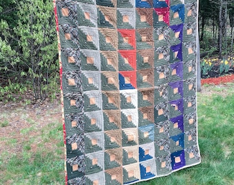 Vintage Log Cabin Quilt, Depression Era, Wool, Flannel, Cotton, Winter Quilt