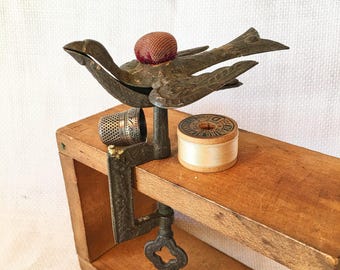 Victorian Sewing Bird Clamp with Original Pin Cushion