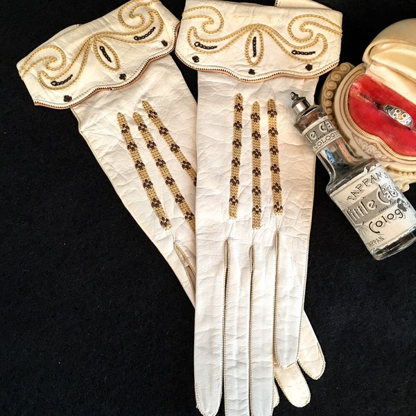 Early 1900s Embroidered Leather Gloves, Aris Size 5.75