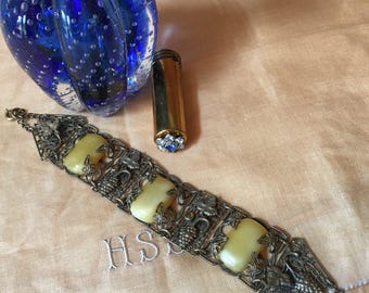 1920's - 1930's Art Deco Filigree Panel Bracelet with Cabochons, Flapper Jewelry