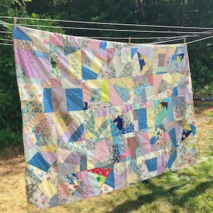 Vintage Hand-Pieced Patchwork Quilt: 1930s Feedsack Fabrics, Autumn Weight (80x70 Inches)