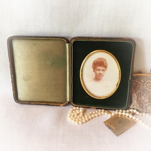 Early 1900’s Milk Glass Opalotype Portrait in Original Leather Over Wood Case
