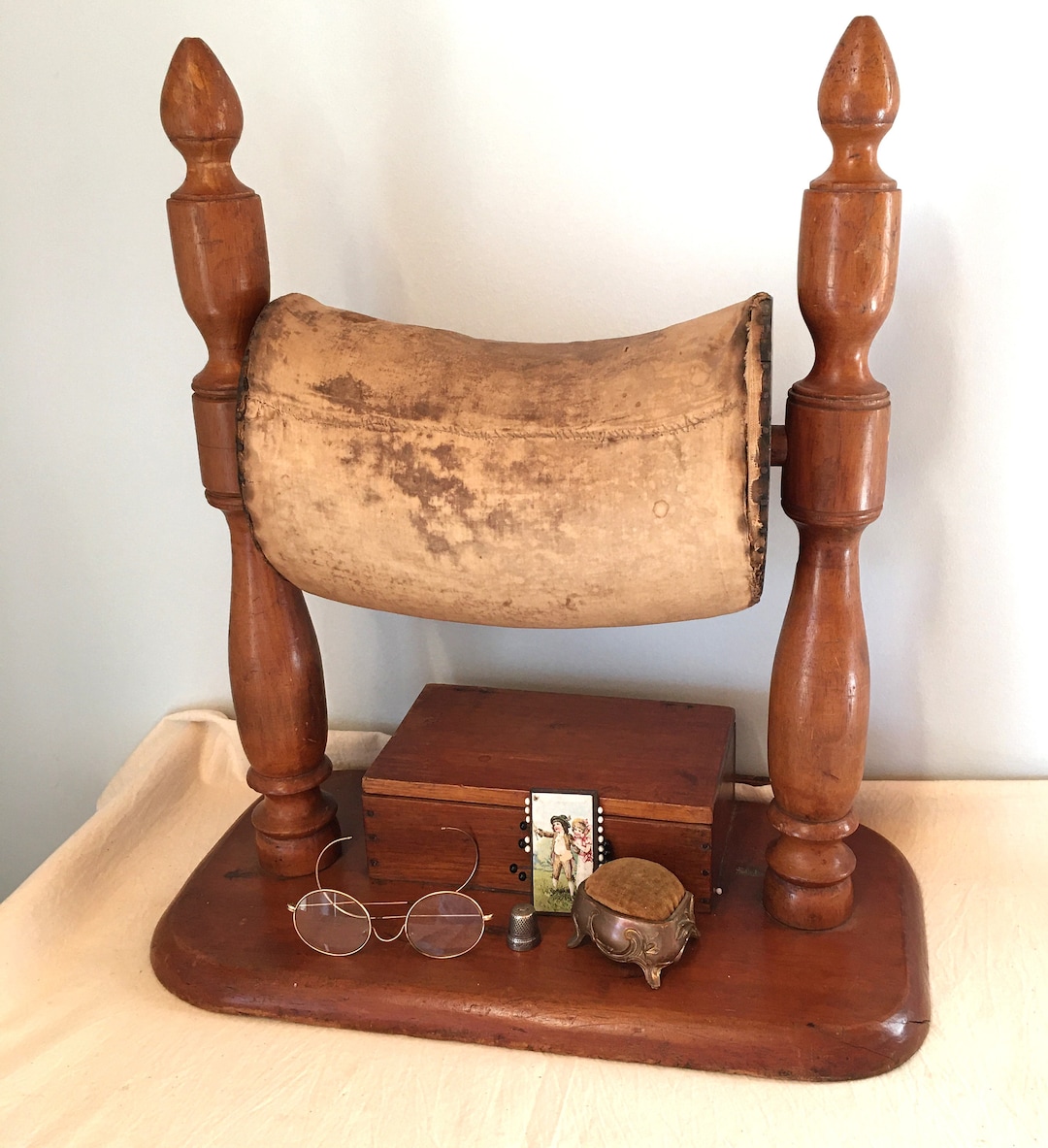 1800's Bobbin Lace Roller Pillow Stand With Attached Storage Box, Lace